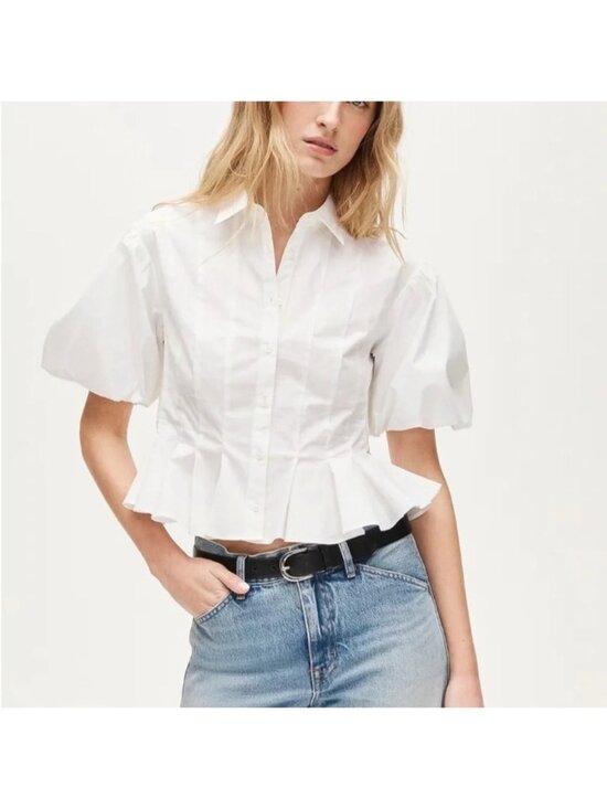 J. Crew Tops - J.Crew Puff-Sleeve Button-Up Shirt Sz 10 White Slim Peplum Top Coquette Romantic